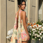 Cream Floral Print Halter Neck Strapless Bodycon Mini Dress