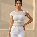 White Sheer Mesh Rhinestone Ruched Crop Party Top