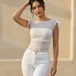 White Sheer Mesh Rhinestone Ruched Crop Party Top