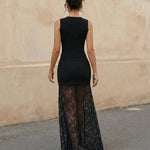 Black Buttoned Vest Sheer Lace Skirt Evening Set