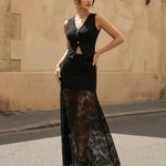 Black Buttoned Vest Sheer Lace Skirt Evening Set