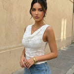 White Ruched Lace Cowl Neck Crop Casual Top