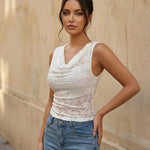 White Ruched Lace Cowl Neck Crop Casual Top