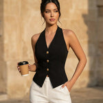 Black Halter Buttoned Vest Crop Casual Top