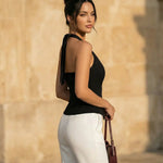 Black Halter Buttoned Vest Crop Casual Top