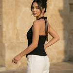 Black Halter Buttoned Vest Crop Casual Top