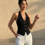 Black Halter Buttoned Vest Crop Casual Top
