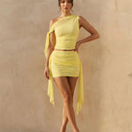 Yellow One Shoulder Crop Top Min Skirt Ruched Mesh Party Set