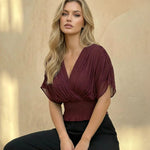 Wine Red V-Neck Tie Back Smocked Waist Chiffon Crop Top