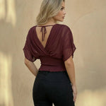 Wine Red V-Neck Tie Back Smocked Waist Chiffon Crop Top