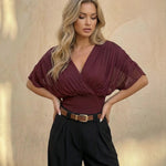 Wine Red V-Neck Tie Back Smocked Waist Chiffon Crop Top
