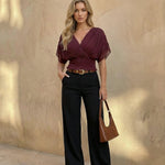 Wine Red V-Neck Tie Back Smocked Waist Chiffon Crop Top