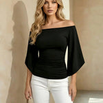 Black Off Shoulder Ruched Flare Sleeve Crop Top