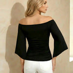 Black Off Shoulder Ruched Flare Sleeve Crop Top