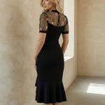 Black Sheer Embroidered Mesh Slim Fit Midi Dress