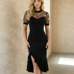 Black Sheer Embroidered Mesh Slim Fit Midi Dress