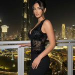 Black V Neck Sheer Mesh Floral Lace Sleeveless Cropped Top