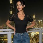 Black Lace Patchwork Short Sleeve Slim Fit Top