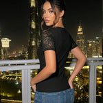 Black Lace Patchwork Short Sleeve Slim Fit Top