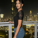 Black Lace Patchwork Short Sleeve Slim Fit Top