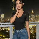 Black Lace Patchwork Short Sleeve Slim Fit Top