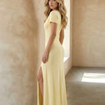 Yellow Deep V Neck Short Sleeve Split Maxi Dress