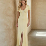 Yellow Deep V Neck Short Sleeve Split Maxi Dress