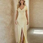 Yellow Deep V Neck Short Sleeve Split Maxi Dress