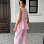 Pink Peplum V-Neck Button Up Crop Top Wide Leg Pants Set