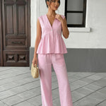 Pink Peplum V-Neck Button Up Crop Top Wide Leg Pants Set