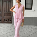 Pink Peplum V-Neck Button Up Crop Top Wide Leg Pants Set