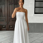 White Strapless Smocked Bodice Maxi Dress