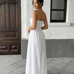 White Strapless Smocked Bodice Maxi Dress