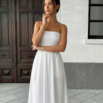 White Strapless Smocked Bodice Maxi Dress