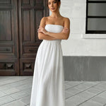 White Strapless Smocked Bodice Maxi Dress