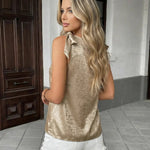 Gold V-Neck Sequin Embellished Bow Shoulder Tank Top