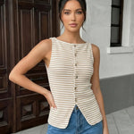 Stylish Beige Ribbed Knit Button Down Tank Top