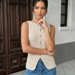 Stylish Beige Ribbed Knit Button Down Tank Top