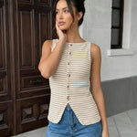 Stylish Beige Ribbed Knit Button Down Tank Top