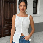Elegant White Square Neck Button Down Tank Top