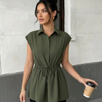 Chic Green Shirt Collar Sleeveless Drawstring Waist Shirt