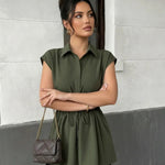 Chic Green Shirt Collar Sleeveless Drawstring Waist Shirt