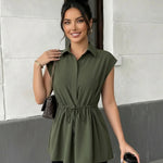 Chic Green Shirt Collar Sleeveless Drawstring Waist Shirt