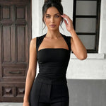 Elegant Black Queen Anne Neck Sleeveless Tank Top