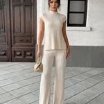 Beige Pleated Relaxed Sleeveless Top Wide Leg Pants Set