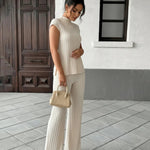 Beige Pleated Relaxed Sleeveless Top Wide Leg Pants Set