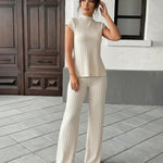 Beige Pleated Relaxed Sleeveless Top Wide Leg Pants Set