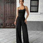 Black Square Neck Ribbed Tank Top Wide Leg Pants Set