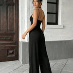Black Square Neck Ribbed Tank Top Wide Leg Pants Set