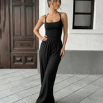 Black Square Neck Ribbed Tank Top Wide Leg Pants Set